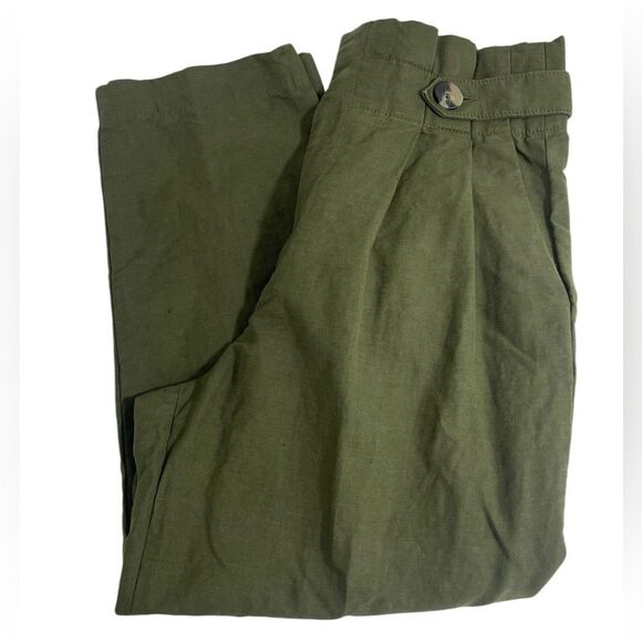 Zara Paperbag Waist Linen Blend‎ Barrel Leg Pants Size MEDIUM Army Olive Green - Picture 5 of 8